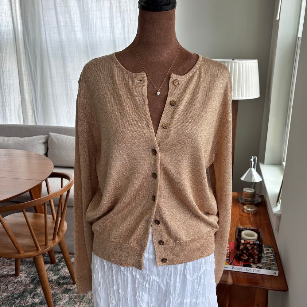 90s Vintage Jeanne Pierre Gold Metallic Shimmer Button Cardigan Top Petite Small